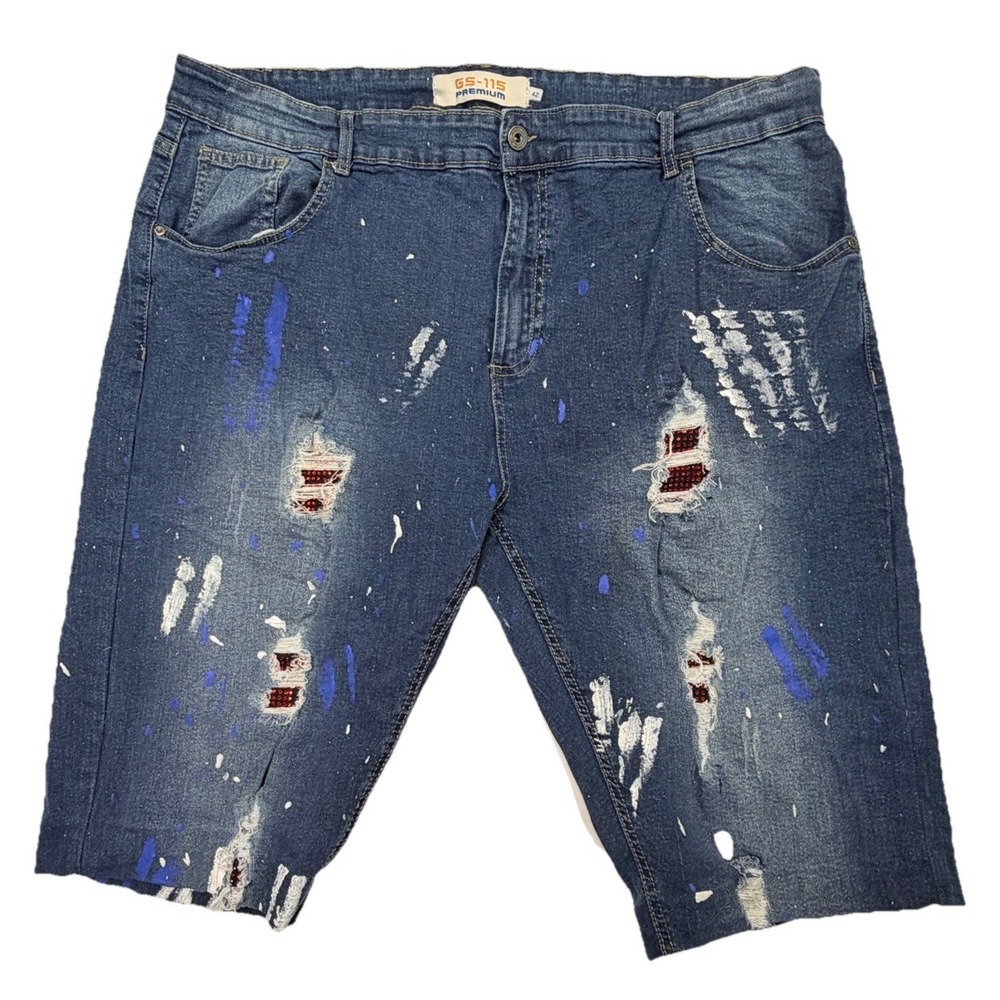 GS-115 Premium Distressed Denim Shorts‎ Men's Size 42 Paint Splatter Ripped Jean